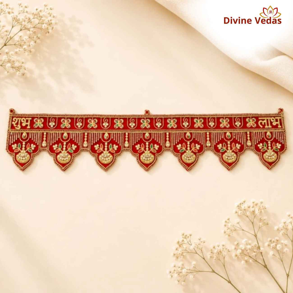 Traditional Red Shubh Labh Door Toran with Golden Floral & Kalash Design