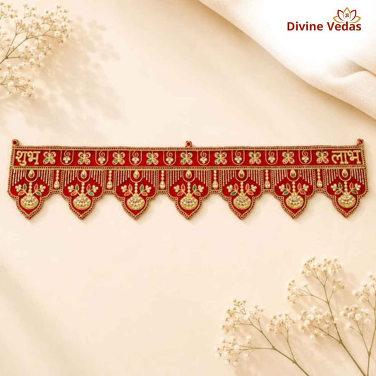 Traditional Red Shubh Labh Door Toran with Golden Floral & Kalash Design