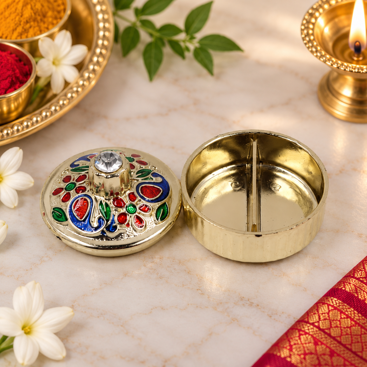 Meenakari Haldi Kumkum Container for Pooja & Gifting | Divine Vedas