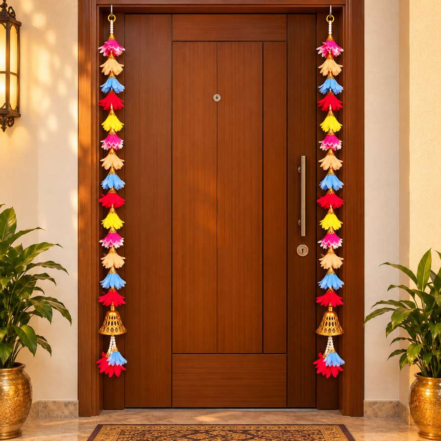 Multicolor Artificial Flower Hanging Mala with Golden Bells for Door, Wall & Festival Decoration