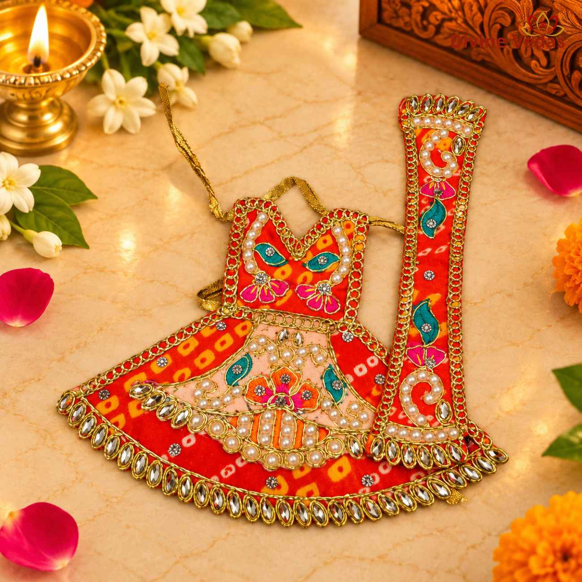 Traditional Laddu Gopal Dress (Vagha) – Red & Orange Designer Poshak with Golden Lace, Pearl & Stone Work