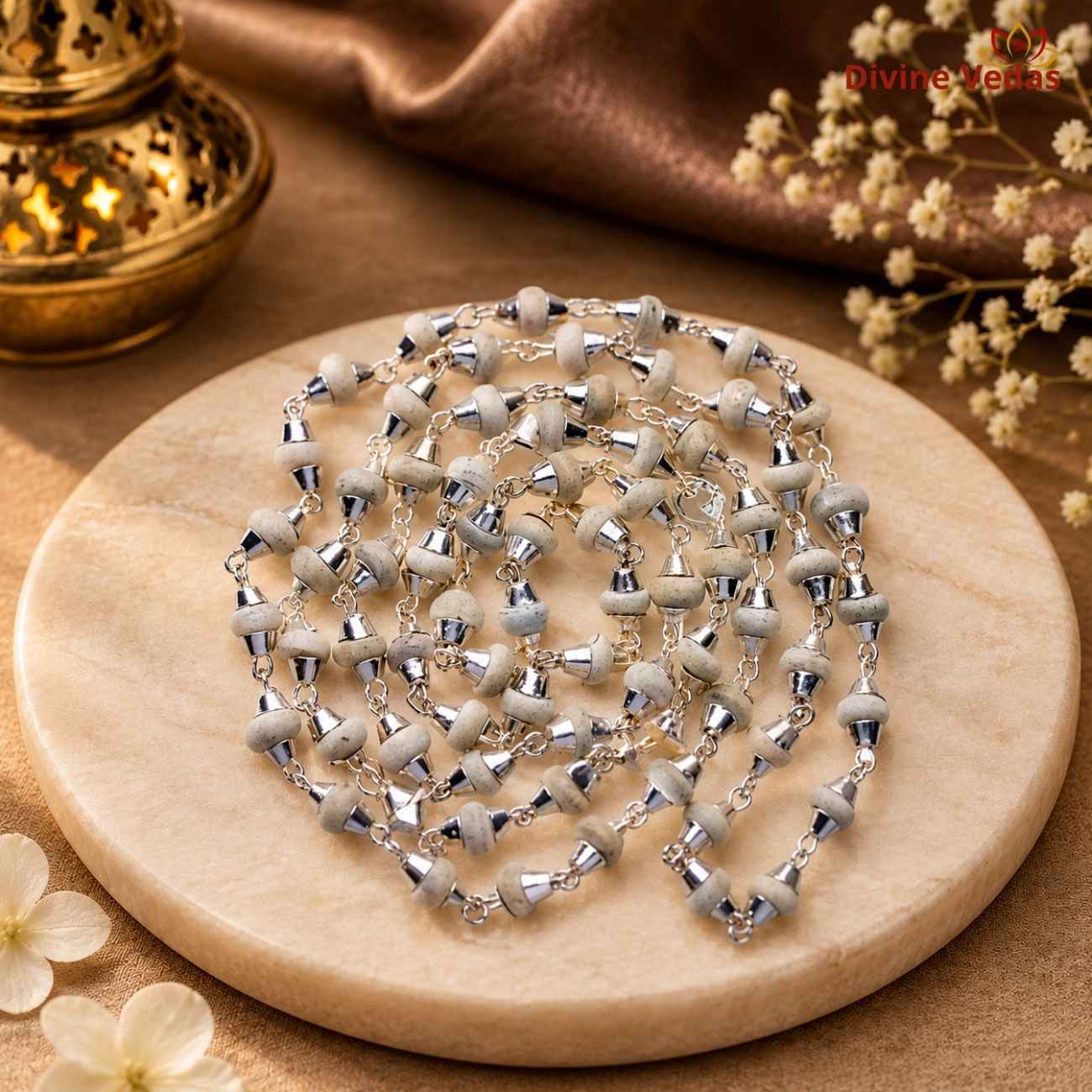 White Tulsi Mala with Silver Cap 6g | Krishna Tulsi Kanthi Mala | Divine Vedas