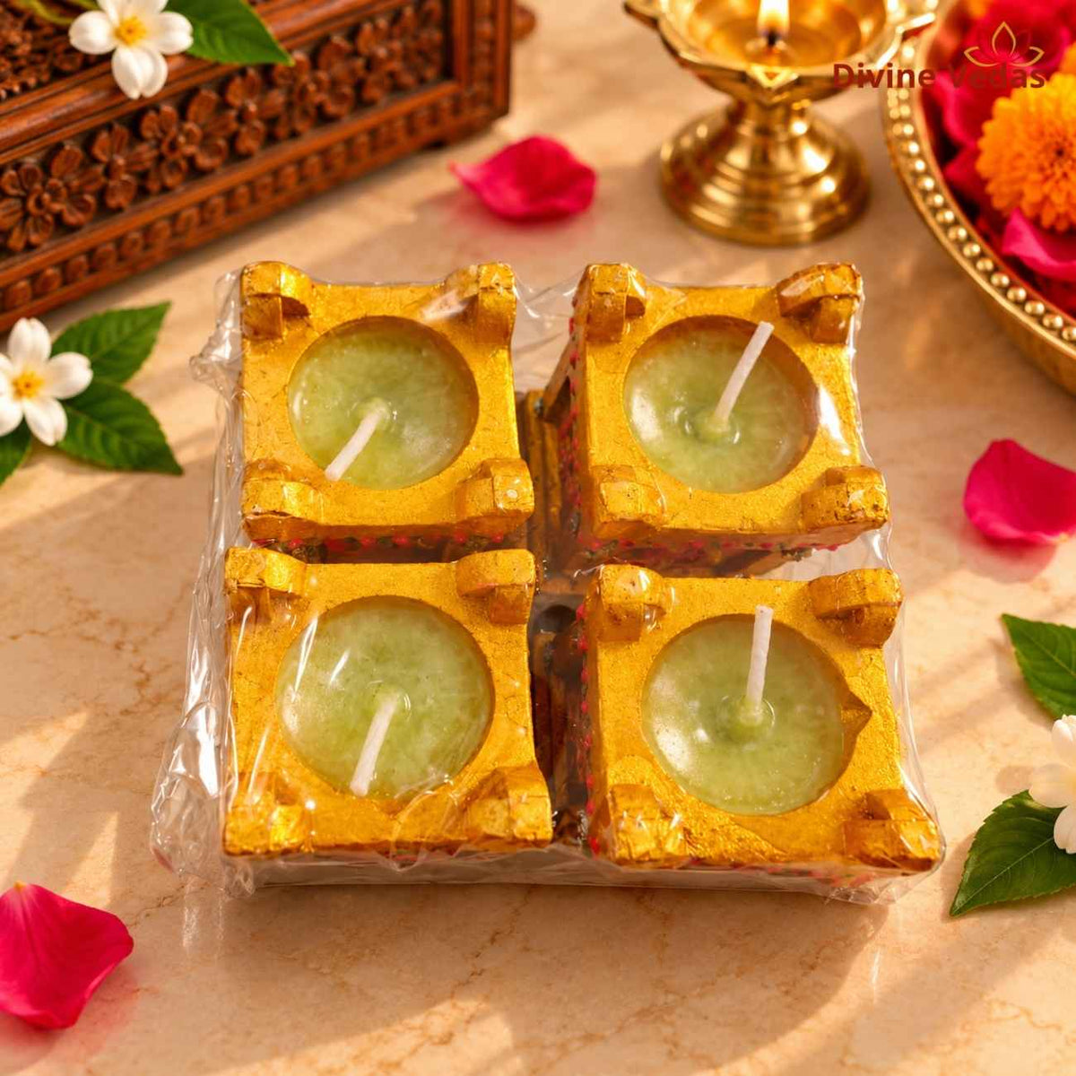Small Tulsi Kyara Wax Diya Set – Decorative Square Diya for Diwali & Pooja | Pack of 4