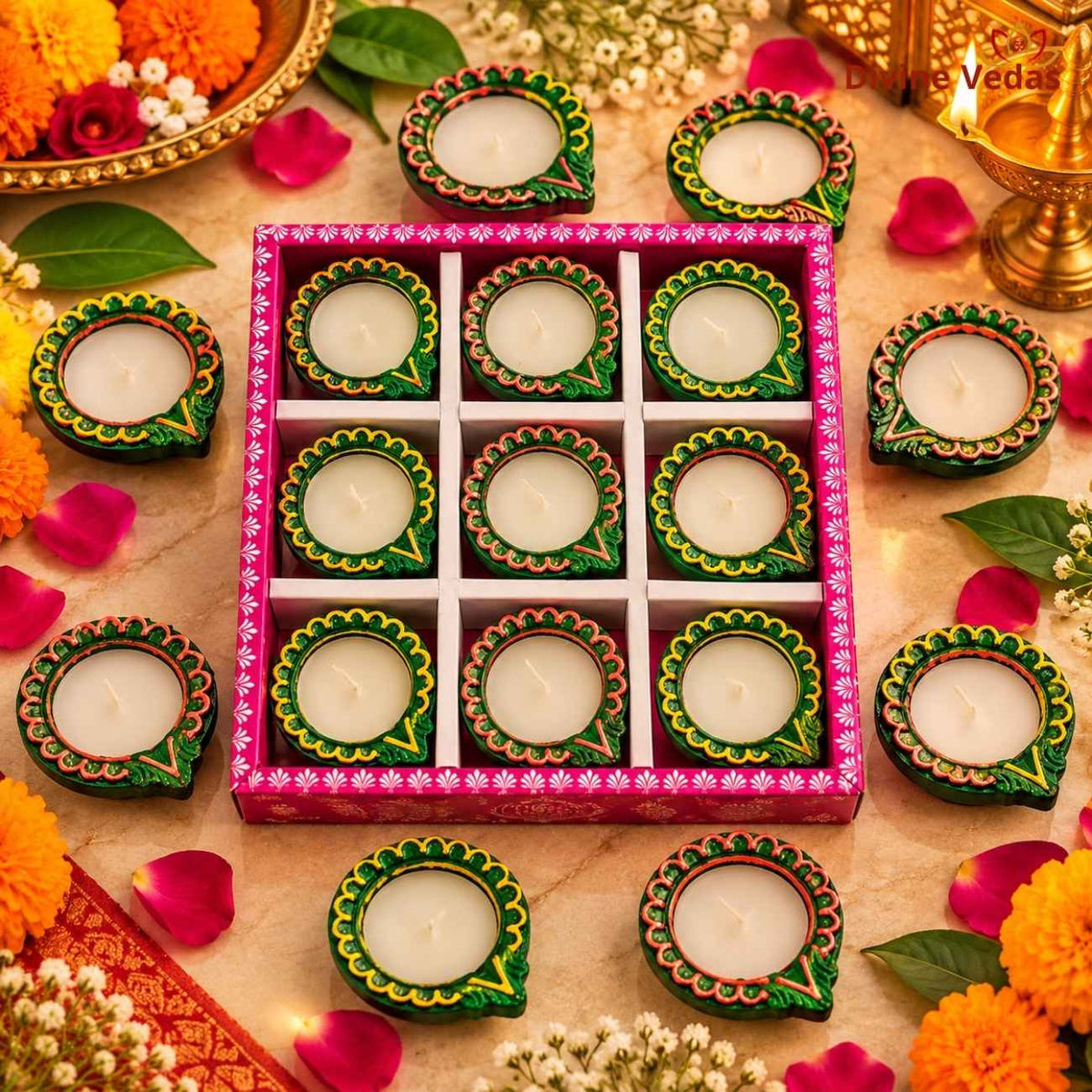 Decorative Wax Diya Gift Box – Hand Painted Multicolor Diya Set for Diwali, Pooja & Rangoli